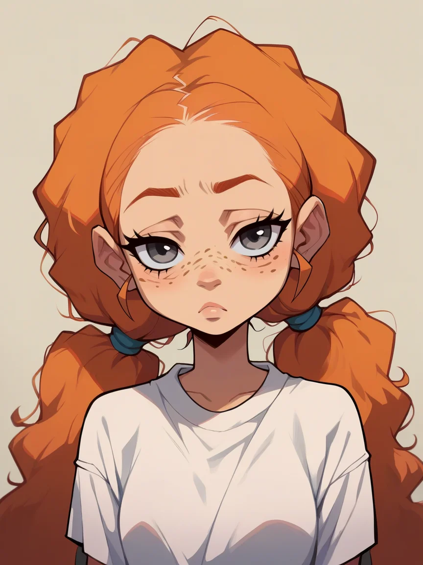 score_9, score_8_up, score_7_up, score_6_up,  <lora:b00nd0cksXLP:1> b00nd0cks, 1girl, twintails, curvy, ginger hair, grey eyes, freckles,