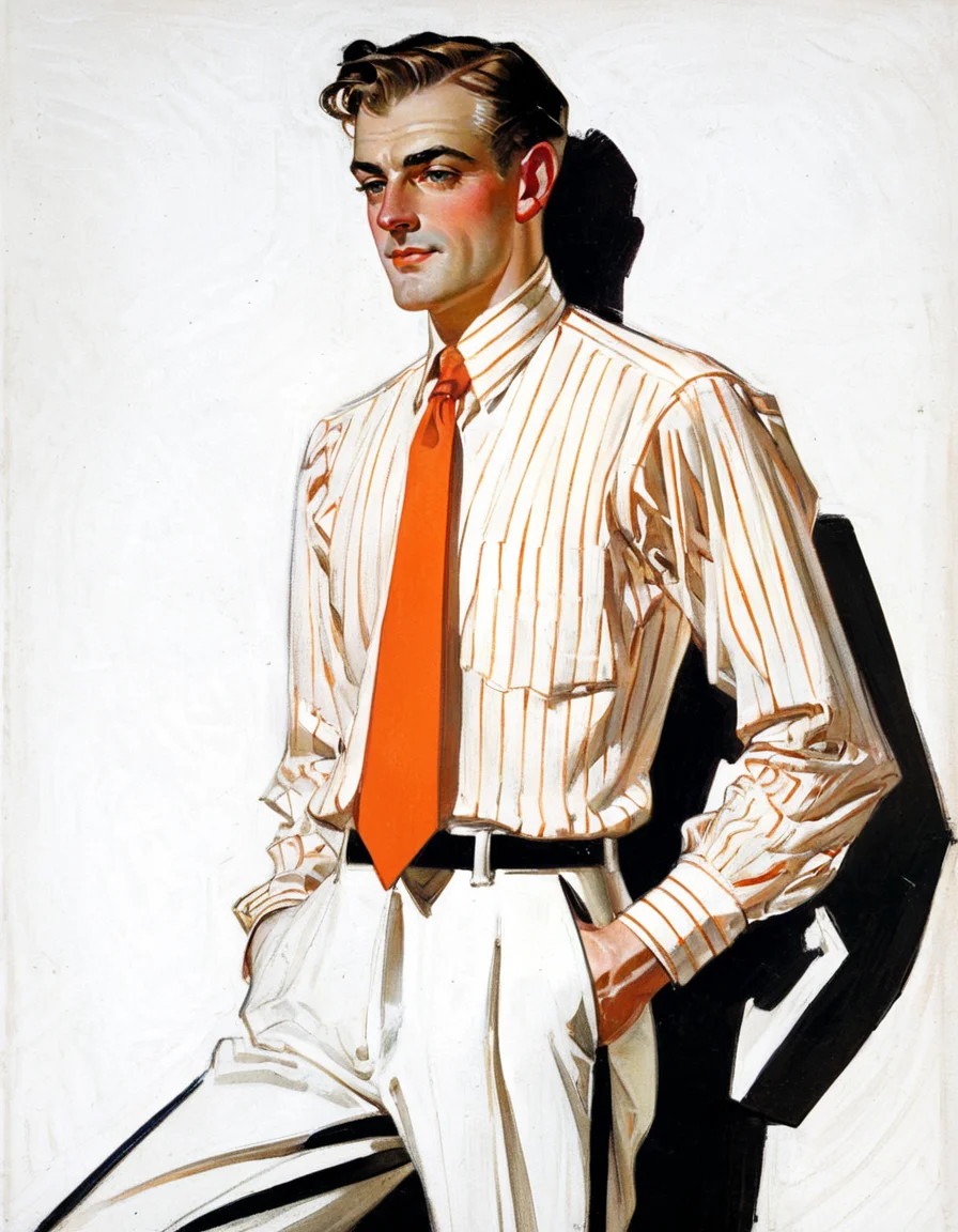 JCLeyendecker vintage illustration, of a fair-skinned man bygone era of dapper fashion and leisurely pursuits He dons a horizontally striped shirt in shades of white and orange, paired with an orange tie and white pants with a black He faces slightly to the right with his left arm resting on a small white wall. <lora:JCLeyendecker1-000001:1>
