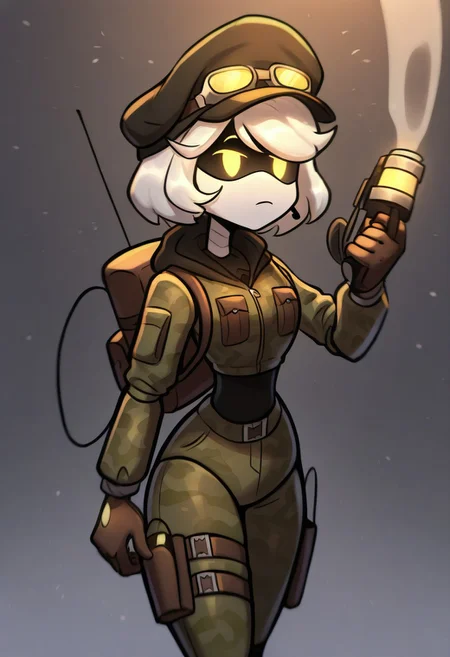 (masterpiece, high quality, highly detailed, best quality), SD-V, 1girl, solo, robot girl, humanoid robot, robot joints, hairband, short white hair, yellow eyes, solid circle pupils,
military smoking, military hat, war, trenches, explosions from behind, yellowish lighting, blaster in hand, snow
upper body, scated, confused
military, camouflage, solo, backpack, boots, hat, goggles, goggles on headwear, jacket, hood, bag, headset, camouflage jacket, gloves, holster, hood down,thigh holster, radio antenna, military, headphones, leggings, closed mouth, camouflage pants,
looking back