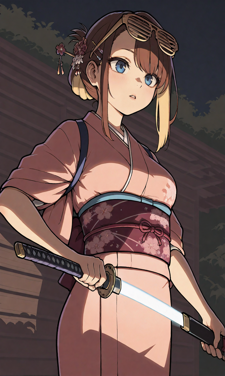 embedding:IllusP0s, GTASA-LS-ILV1.0, 1girl, solo, night, outdoors, brown hair, blonde highlights, asymmetrical bangs, sidelocks, hairpin, hair ornament, blue eyes, parted lips, pink kimono, tasuki, obi, eyewear on head, shutter shades, low angle, contrast lighting, unsheathing, holding sheath, katana, weapon focus, drawing sword, (side view:0.5),<lora:GTA_SA_Style_-_IL-000014.safetensors:1.0:1.0>