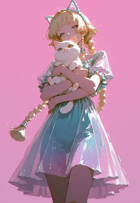 arutera, rella, (dino_(dinoartforame):0.8),   best quality, masterpiece, very awa, absurdres, high_detail, cyber punk style, rebellious, and edgy, chromatic aberration, Overlayed with retro VHS static effects and glitch textures, film grain, dynamic shot, dynamic pose, perspective, turning body, twisting body
1girl, portrait, wearing a colorful translucent dress, holding a pastel plush cat, left arm hugging white plush cat, cat ear hair band, long blonde braids, vibrant pastel pink background, surreal japanese fashion, ultra detailed, soft lighting