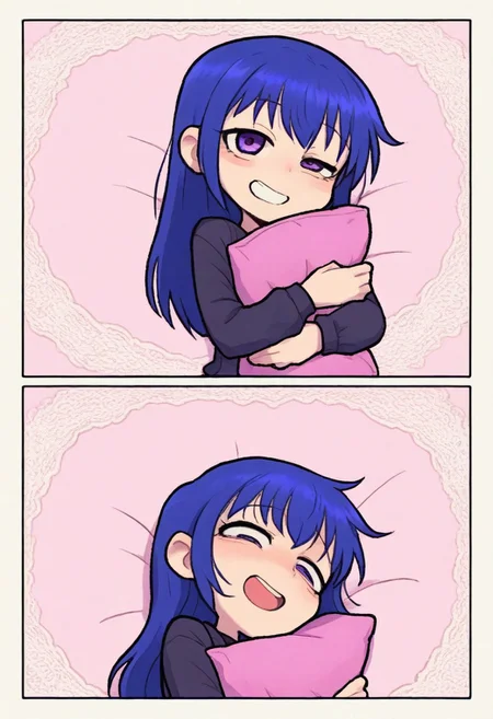 IllustriousQual, masterpiece, best quality, amazing quality, very aesthetic, absurdres, 1girl, solo, cute pattern background, border, lace background
Arin(Pangya), blue hair, bangs,purple eyes, long hair
solo, hugging pillow, lying, on side,, happiness, furious, half-closed eye, open mouth,smiling , straight on,
<lora:ValbunStyle-IL:0.9> valbun,