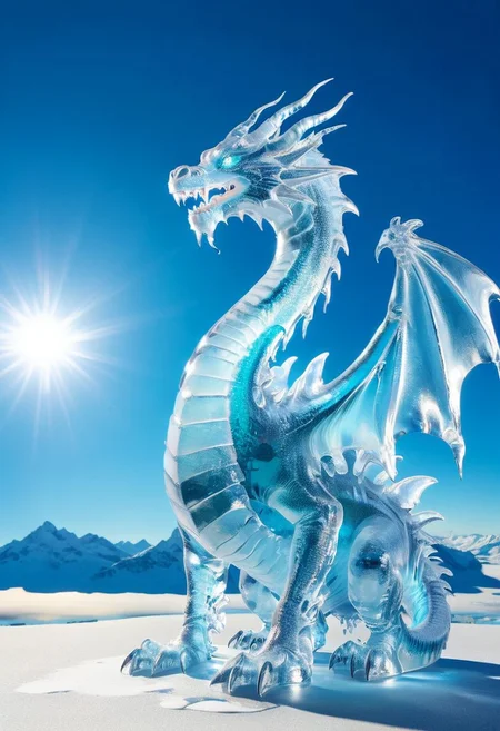 ice and cloud dragon melting in bright sun with a clear blue sky