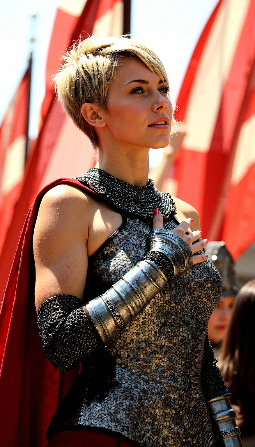 A striking commander 40-year-old woman with short, tousled blonde hair and piercing grey eyes. She wears a meticulously crafted chainmail that contours her muscular build and voluptuous figure. Her thin eyebrows and thicker lips give her an intense and captivating expression. She dons fingerless gauntlets, ready for action. The setting is a medieval fortress, with banners fluttering in the wind and the sound of clashing swords in the background. The lighting is dramatic, highlighting her strong features and the gleam of her chainmail.She is Positioned directly in front of a large, fluttering flag, with her hand over her heart, showing loyalty and patriotism.side profile
