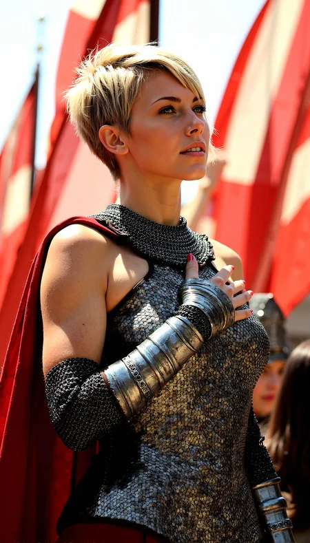 A striking commander 40-year-old woman with short, tousled blonde hair and piercing grey eyes. She wears a meticulously crafted chainmail that contours her muscular build and voluptuous figure. Her thin eyebrows and thicker lips give her an intense and captivating expression. She dons fingerless gauntlets, ready for action. The setting is a medieval fortress, with banners fluttering in the wind and the sound of clashing swords in the background. The lighting is dramatic, highlighting her strong features and the gleam of her chainmail.She is Positioned directly in front of a large, fluttering flag, with her hand over her heart, showing loyalty and patriotism.side profile