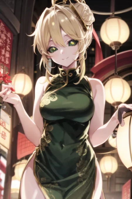 (solid eyes), colored sclera, green eyes, blonde hair, single hair bun, china dress, paper lantern, <lora:Solid Eyes V6:0.6>