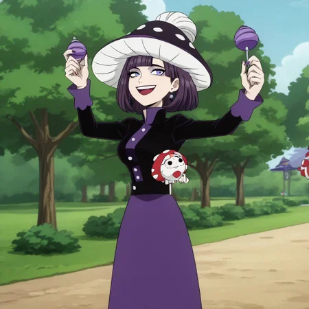 <lora:SlimesKinoko-000005:1>, slimes_kinoko,face Aunt Lydia,woman, solo, park background, hands up, smiling