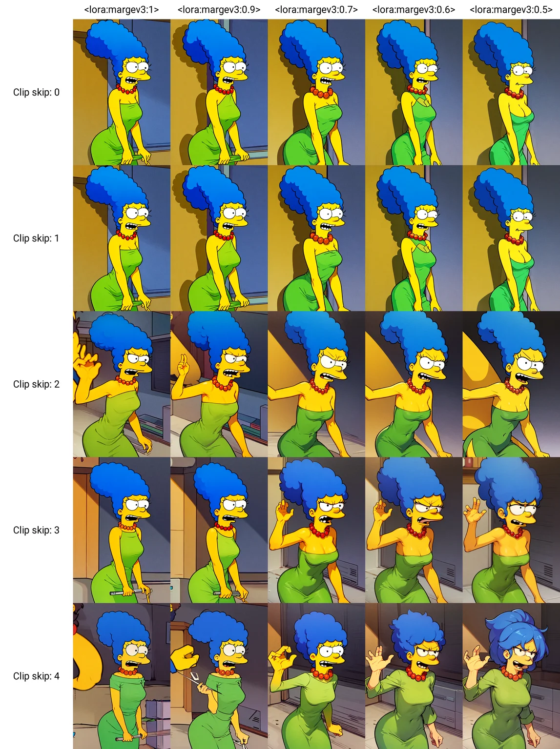 marge simpson, blue hair, red necklace, medium breasts, colored skin, yellow skin, green dress, angry,
<lora:margev3:1>