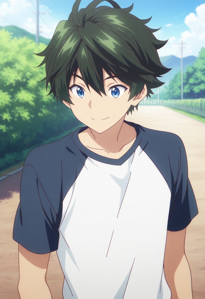 masterpiece,best quality,amazing quality, source_anime, 
HaruhikoIchijo, 1boy, male focus, solo, blue eyes, green hair, t-shirt, raglan sleeves, outdoor,
 smile,