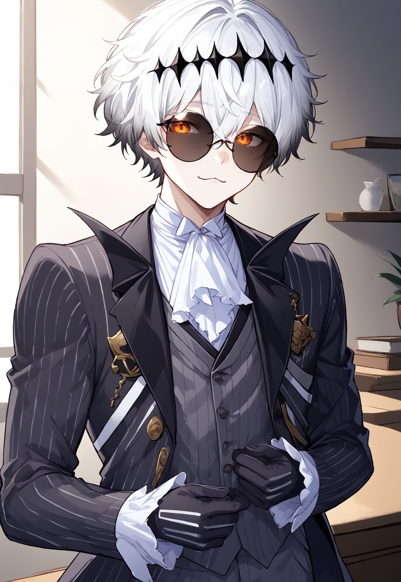 safe_pos, ((solo)), (upper body), (male), (gay), huge pecs, nipples, muscular, Expressiveh, male focus, (((:3, cat mouth))), skully, ascot, black crown, black gloves, grey hair, black jacket, buttons, crossed bangs, crown, gloves, gradient hair, multicolored hair, white hair, grey vest, hair between eyes, jacket, lapels, long sleeves, open clothes, pinstripe jacket, pinstripe pattern, pinstripe vest, orange eyes, short hair, shirt, stitches, striped jacket, striped vest, vertical-striped jacket, vertical-striped vest, white ascot, white shirt, white hair, round eyewear, sunglasses