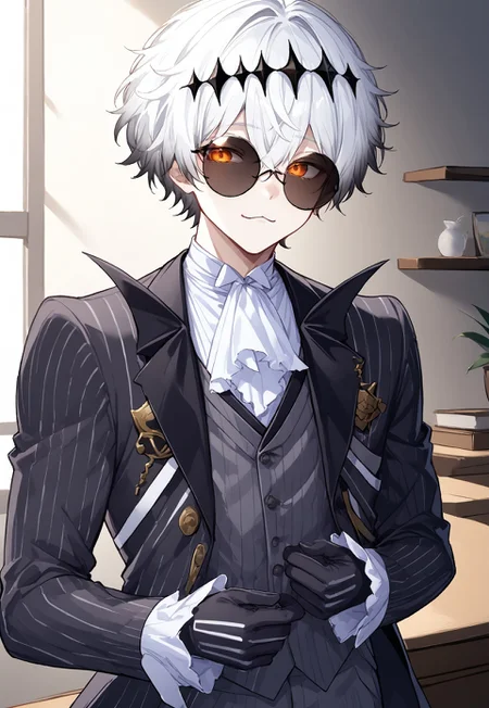 safe_pos, ((solo)), (upper body), (male), (gay), huge pecs, nipples, muscular, Expressiveh, male focus, (((:3, cat mouth))), skully, ascot, black crown, black gloves, grey hair, black jacket, buttons, crossed bangs, crown, gloves, gradient hair, multicolored hair, white hair, grey vest, hair between eyes, jacket, lapels, long sleeves, open clothes, pinstripe jacket, pinstripe pattern, pinstripe vest, orange eyes, short hair, shirt, stitches, striped jacket, striped vest, vertical-striped jacket, vertical-striped vest, white ascot, white shirt, white hair, round eyewear, sunglasses