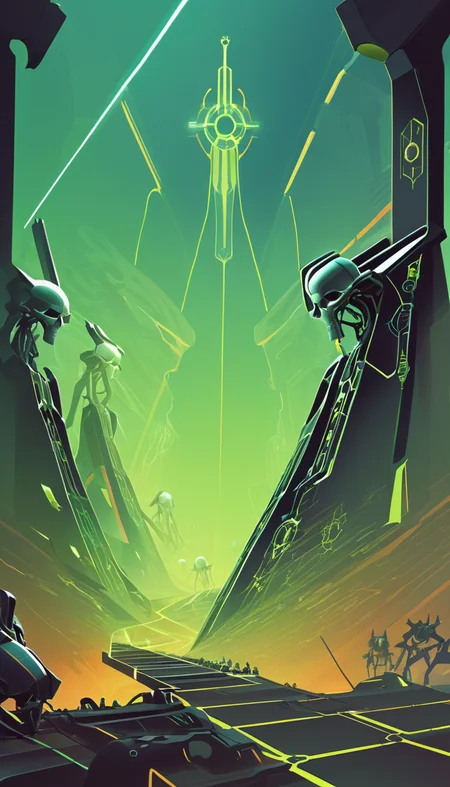 Necrons, scenery, detailed background, masterpiece, best quality, high quality, absurdres <lora:necrons_xl_v1:1>, Vector art, Vivid colors, Clean lines, Sharp edges, Minimalist, Precise geometry, Simplistic, Smooth curves, Bold outlines, Crisp shapes, Flat colors, Illustration art piece, High contrast shadows, Technical illustration, Graphic design, Vector graphics, High contrast, Precision artwork, Linear compositions, Scalable artwork, Digital art