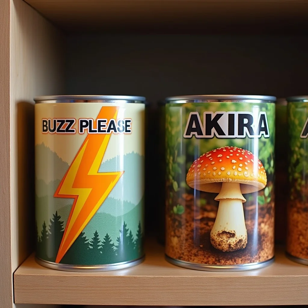 A shelf with food cans on it. One can is labeled "BUZZ PLEASE" and has a picture of a lightning bolt on it. The rest are labeled "AKIRA" with pictures of mushrooms on them.