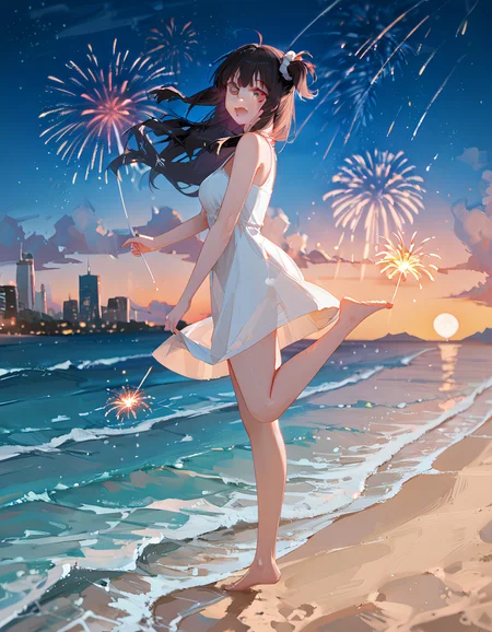 score_9_up, score_9, score_8_up, score_7_up, rating_explicit, perfect quality,high quality,masterpiece,best quality,amazing quality,very aesthetic,Cinematic Lighting,newest,Tactical use of shadow,
1girl,solo,long hair,black hair,hair between eyes,ahoge,purple eyes,AyanoKimishima Cyql,
sparkler, outdoors, fireworks, barefoot, dress, scenery, sky, smile, night, white dress, ocean, open mouth, standing, beach, cloud, holding fireworks, looking at viewer, water, standing on one leg, horizon, one side up, from side, :d, blush, night sky, sleeveless dress, city lights, multicololens flare, sleeveless, blurry, bokeh, sundress, shore, holding, bare shoulders, full body, bare arms, depth of field, sunset, scrunchie, breasts, mountainous horizon, mountain, cloudy sky,  waves, blurry background,  star (sky), blue sky, sand,  leg up, sun, looking to the side, lights, reflection, walking, moon, bare legs, floating hair,
<lora:ponyv4_noob1_2_adamW-000017:0.7>,<lora:spo_sdxl_10ep_4k-data_lora_webui:0.6>,<lora:USNR STYLE_XL_lokr:0.45>,<lora:illustrious_all_rated_v1:0.7>,<lora:96YOTTEA-WAI:0.8>,<lora:Ayano Kimishima_Illustrious by Cyql:1>,