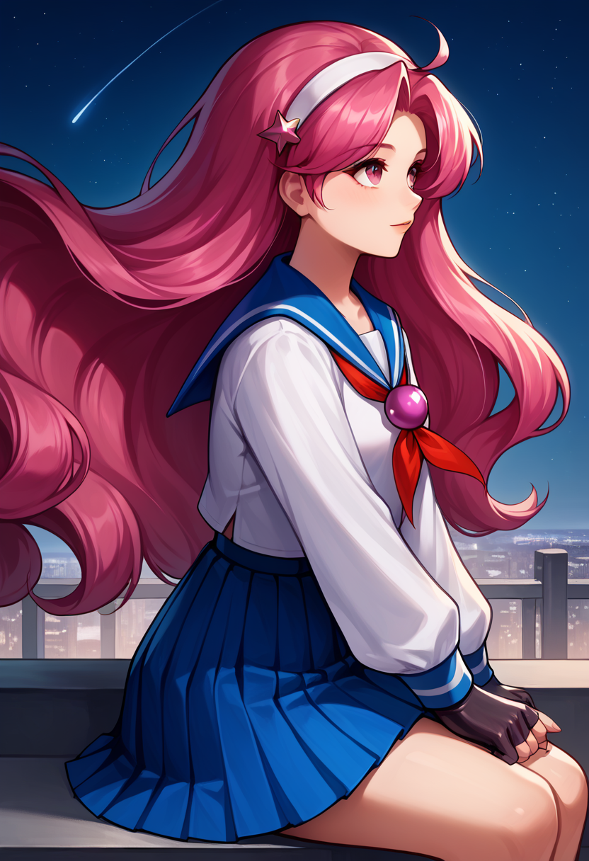 score_9, score_8_up, score_7_up, score_6_up, source_anime BREAK <lora:AthenaKOFXIII:0.8>, AthenaKOFXIII, pink hair, white hairband, serafuku, pearl (gemstone), blue pleated skirt, fingerless gloves,  sitting, looking up, cityscape, night, from side, upper body, close-up, flowing hair, stars,