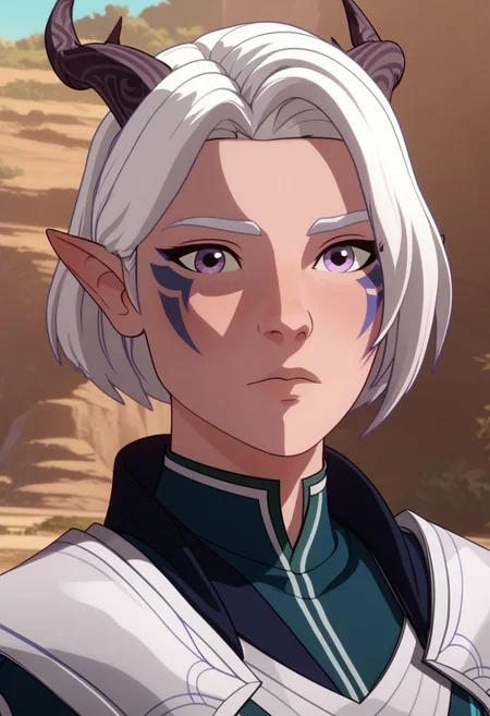 Score_9, Score_8, Score_7, TDPStyle, Tiadrin, Elf, Moonelf, Horns, White Hair, Purple Facial Tattoos, Moonelf Outfit, bust shot