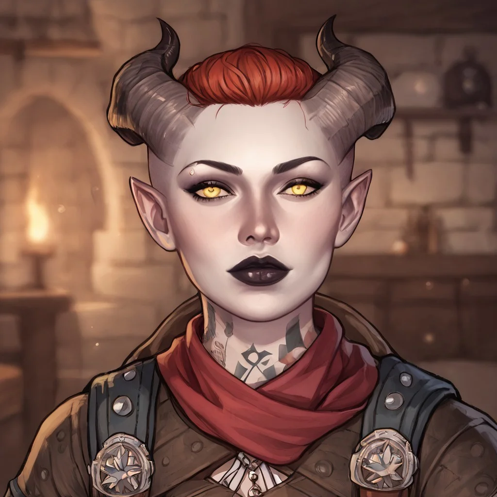 (((beautiful, high quality, perfect eyes, comics style, semi-realistic, perfect hands, detailed face))), score_9, score_8_up, score_7_up, BREAK solo, 1girl, 33y woman, (Tiefling, pointed ears, curved horns), ((pale gray skin:1.1)), ((hooked nose)), muscular, tattoos, fiery red hair, medium hair, unruly shaved side, Black lips, eyeshadows, yellow eyes, (flirting), BREAK a rogue wearing black torn coat, multiple belts, bandages, backpack, hood up, scarf, medieval inn, fantasy background, blurred background, easynegative, JIM EIDOMODE, Dungeons and Dragons 5th edition style illustration