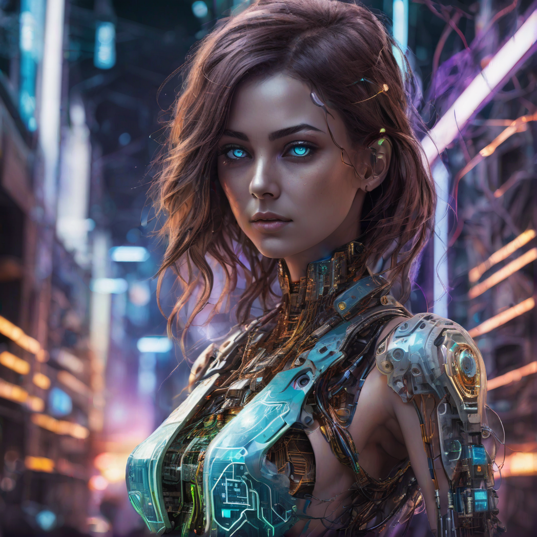 photo, 1girl, woman, age 32, brown hair, large bust, full body, indigo eyes, asymmetrical fashion, wearing flowing intricate pattern of neon wires, wearing a crystalline circuit board style pendant, detailed face, realistic, exposed circuitry, android, scifi fantasy scene setting,  scifi, cyborg