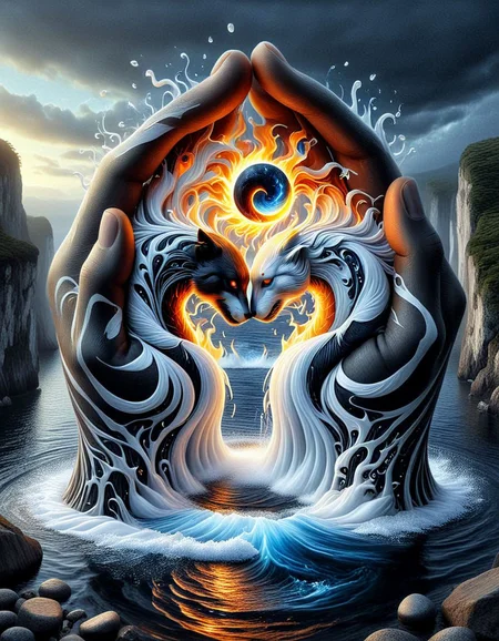surrealist art hyperrealistic art concept art Create a surreal, highly detailed Extravagant elements of yin fire and yang breeze! Embark on a fantastic journey through the fundamental forces of nature. May they be inspired by the gentle breeze, the raging flames, the water flowing over the yin and yang on the solid earth,, fantasy and realism ,dark background<lora:luxart:1>        <lora:DANGUBA:1> . digital artwork, illustrative, painterly, matte painting, highly detailed . extremely high-resolution details, photographic, realism pushed to extreme, fine texture, incredibly lifelike . dreamlike, mysterious, provocative, symbolic, intricate, detailed