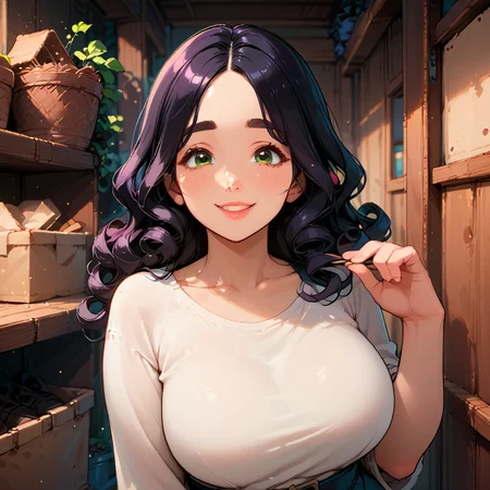 score_9, score_8_up, score_7_up, score_6_up, source_anime, rating_safe, ah1, 1girl, (curly hair), long hair, (black hair), mature female, (parted hair:1.7), (round face), (no_bangs:1.3), (no_fringe:1.6), looking at viewer, (thick eyebrows), (curvy), round-chin, (dark olive green eyes), caucasian, down-turned eyes, <lora:ETO_OCPonyXL:0.5> eto_oc, skindentation, thick thighs, wide hips, busty, voluptuous, kinky curls, lips, bad-hands-5, (Hidden in a shadowy corner, one hand beckoning with sinister intent), (amethyst smoke Visit an art gallery in a smart casual outfit and loafers), (in Garage), (smiling, friendly), <lora:venus body PonyXL:0.8>,<lora:eyedetailpxl:0.6> eyedetailpxl, <lora:xl_more_art-full_v1:0.6>, <lora:detailxl:0.6> detailxl, <lora:hairdetailpxl:0.6> hairdetailpxl, <lora:skindetailpxl:0.6> skindetailpxl