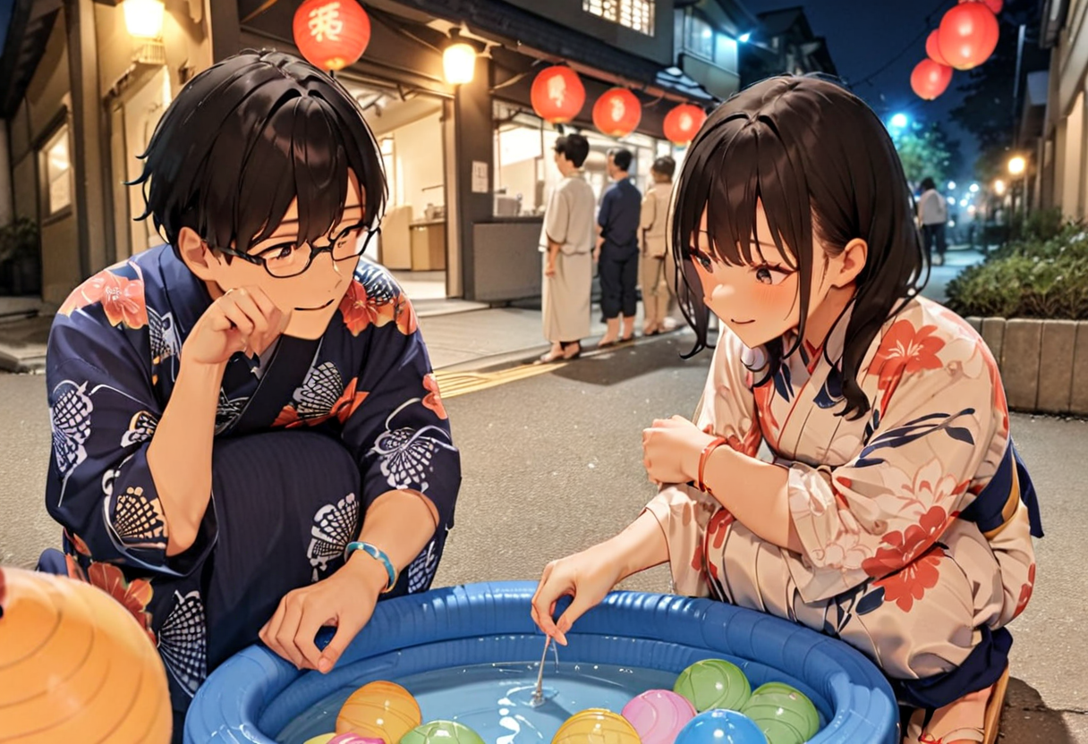 masterpiece, best quality, very aesthetic, absurdres,
mizufusen, 1girl, glasses, yukata, 1boy, night, squatting, outdoors, black hair, bracelet, long sleeves, floral print, water balloon fishing, night, summer, paper lantern, blurry background, 
 <lora:mizufusen_SDXL_V1:0.8>