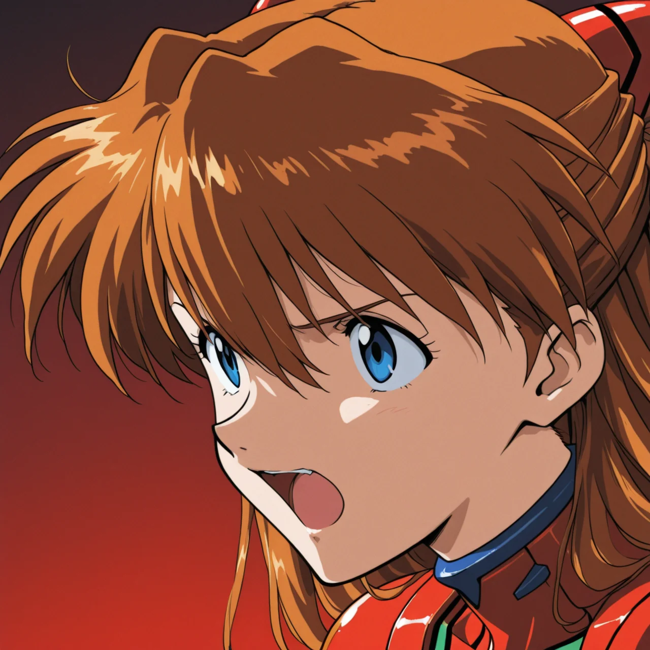 1girl, 
Asuka Langley Soryu, Neon Genesis Evangelion
official style, 
from side ,
excited 
dramatic  pose, 
 <lora:DarkfireWeeb4:1>
