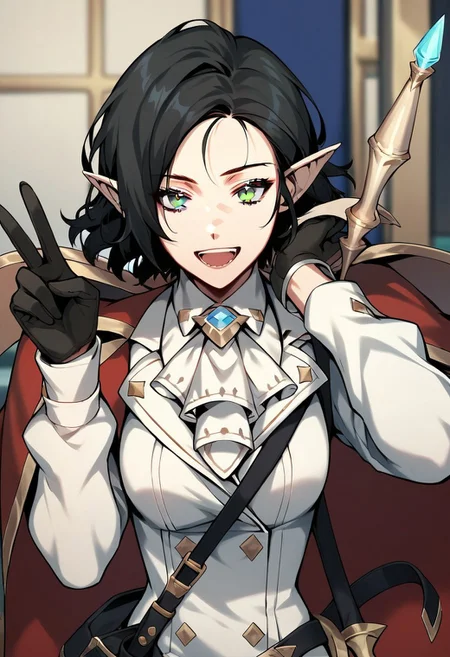 score_9,score_8_up,score_7_up,source_anime, Lucilicca La'elaya,1girl,solo,looking at viewer,smile,open mouth,shirt,black hair,gloves,long sleeves,holding,jewelry,white shirt,weapon,:d,black gloves,puffy sleeves,cape,holding weapon,grey eyes,ascot,v,white ascot,
