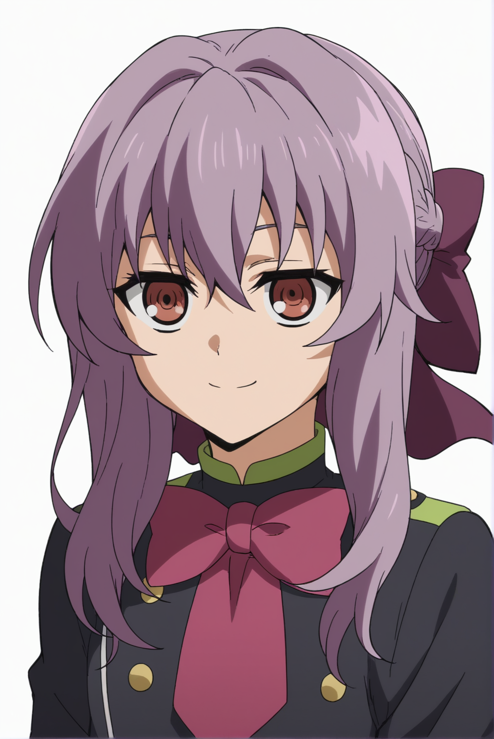 <lora:Shinoa_Hiiragi:0.8>, Shinoa Hiiragi, white background, upper body, smile