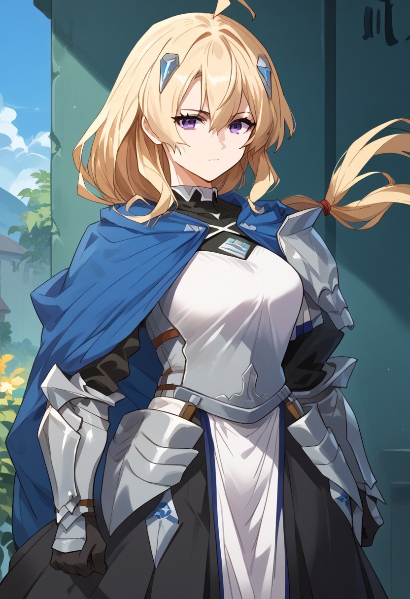 zPDXL3, score_9_up, score_8_up, score_7_up, (Anime_source), 1girl, Ines, purple eyes, blonde hair, long hair, low tie ponytail, Ines armor, cowboy shot, from front, looking at viewer, floating hair