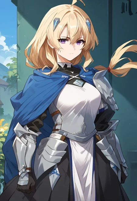 zPDXL3, score_9_up, score_8_up, score_7_up, (Anime_source), 1girl, Ines, purple eyes, blonde hair, long hair, low tie ponytail, Ines armor, cowboy shot, from front, looking at viewer, floating hair