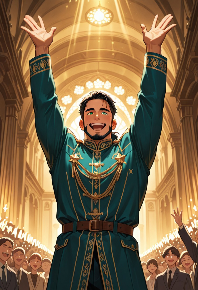 (masterpiece), best quality, 1boy, mbti_enfj, mature man, muscle man, green eyes, black-tied hair, facial hair, grand hall, inspiring speech, crowd cheering, uplifting aura, confident smile, warm lighting, spotlight, regal posture, determined look, leadership, parliament, ornate architecture, flag waving, golden light, blurred background, focus on character