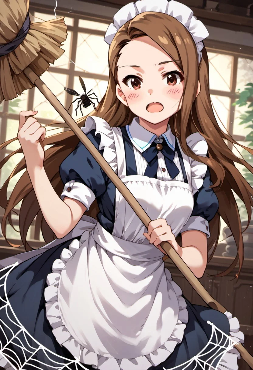 score_9, score_8_up, score_7_up, source_anime,minase iori, long hair, brown hair, brown eyes, 1girl, spider web, silk, open mouth, apron, solo, blush, broom, maid, looking at viewer, bug, spider