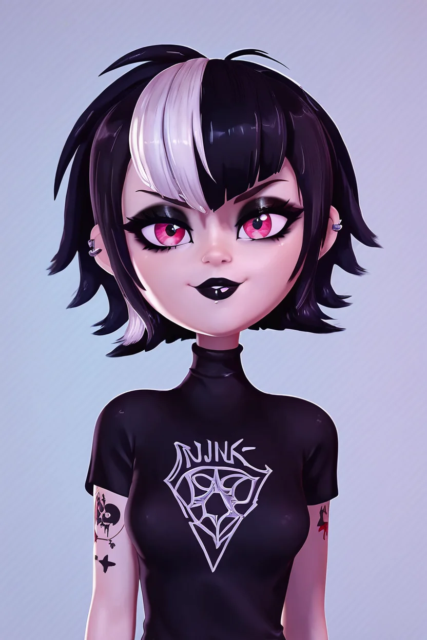 score_9, score_8_up, score_8, medium breasts, (curvy), cute, eyelashes, BREAK, , ,,, <lora:GothMavis_PDXL:0.8>, zzGothMavis, black hair, white hair, makeup, short hair, black lips, multicolored hair, two-tone hair, ear piercing, eyeshadow, gothic, shirt, lipstick, tattoo, turtleneck, cross ,,, , BREAK, smile, looking at viewer, cowboy shot, ,,, embedding:zPDXL, Expressiveh, ,,, <lora:Zy0n7_PDXL:0.8>, <lora:SDXLFaeTastic2400:0.5>, <lora:Expressive_H-000001:0.4>,