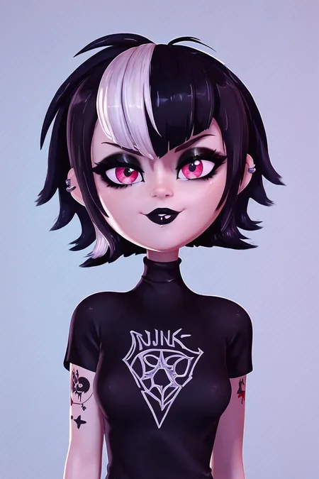 score_9, score_8_up, score_8, medium breasts, (curvy), cute, eyelashes, BREAK, , ,,, <lora:GothMavis_PDXL:0.8>, zzGothMavis, black hair, white hair, makeup, short hair, black lips, multicolored hair, two-tone hair, ear piercing, eyeshadow, gothic, shirt, lipstick, tattoo, turtleneck, cross ,,, , BREAK, smile, looking at viewer, cowboy shot, ,,, embedding:zPDXL, Expressiveh, ,,, <lora:Zy0n7_PDXL:0.8>, <lora:SDXLFaeTastic2400:0.5>, <lora:Expressive_H-000001:0.4>,