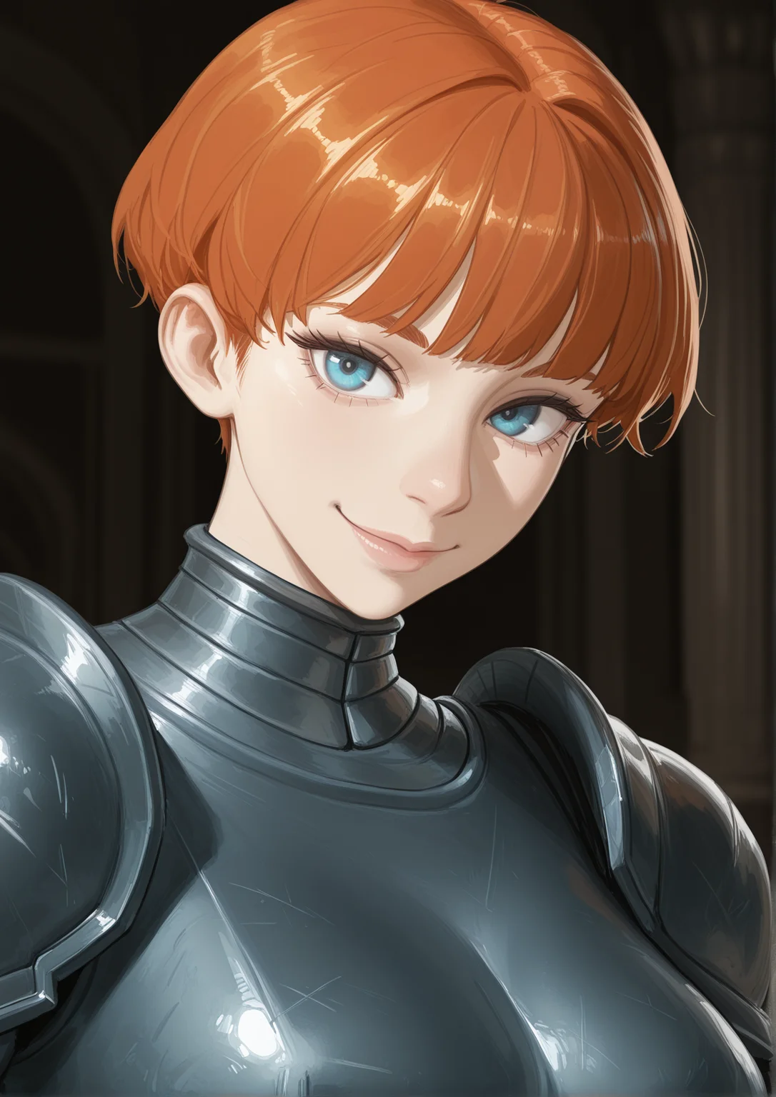 masterpiece, best quality, newest, absurdres, highres, new, solo, 1girl, blue eyes, orange hair, d'arce \(fear & hunger\), steel armor, upper body, smile <lora:d'arce_Illustrious-000012:1> <lora:ç»ªå¿ åæ¶æå¾å
影质æå¢å¼ºV3:0.4> XUER guangying, artist:wafferscotch,, artist:nisetanaqa
