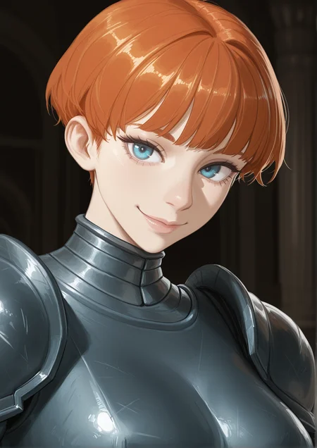 masterpiece, best quality, newest, absurdres, highres, new, solo, 1girl, blue eyes, orange hair, d'arce \(fear & hunger\), steel armor, upper body, smile <lora:d'arce_Illustrious-000012:1> <lora:ç»ªå¿ åæ¶æå¾åå½±è´¨æå¢å¼ºV3:0.4> XUER guangying, artist:wafferscotch,, artist:nisetanaqa