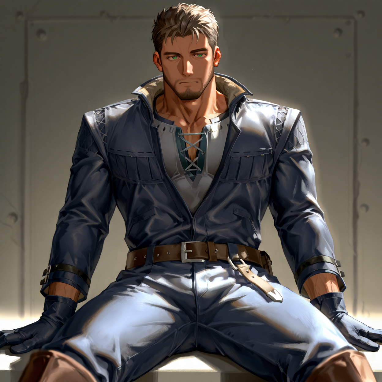 <lora:FFXVI - Cidolfus Telamon - Illustrious-000008:.6>, ((cid_t, 1boy, mature male, green eyes, light brown hair, facial hair, jacket, gloves, belt, pants, boots)), cowboy shot, sitting, 
(very short hair, beard, bara, mature, facial hair, stubble, beard, full beard, sideburn, beard, a lot of beard, ), facial hair,male focus, muscular male, muscular male, bara, mature,  bara, mature, aixiwuganda_(20222192), very awa, masterpiece, best quality, absurdres, newest, perfect quality, detailed background, intricate details,
<lora:slider_Body Type_alpha1.0_rank4_noxattn_last:3><lora:Anime Summer Days 2 Style SDXL_LoRA_Pony Diffusion V6 XL:.6><lora:slider_cfg_scale_boost:.7><lora:Artist6p:.55>, Artist6p, Artist04p,<lora:slider_il_brightness_slider_d1:-1><lora:slider_il_contrast_slider_d1:-1><lora:slider_DarkSlider1.2_alpha1.0_rank16_full_300steps:-.6>