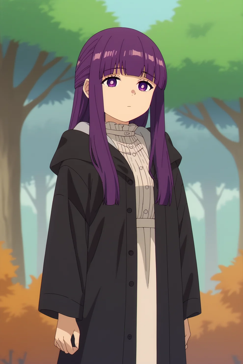 score_9, score_8_up, score_7_up, score_6_up, score_5_up, score_4_up, source_anime,anime screencap,anime coloring BREAK fern,mature,1girl,solo,bangs,long purple hair, purple eyes, light-gray Victorian top,black coat with hood,blunt bangs, nature, outdoors, autumn trees,forest,leafs, expressionless, bright pupils, white pupils,cowboy shot,consistent background, upper body <lora:Fern - PDXL.safetensors:0.8>