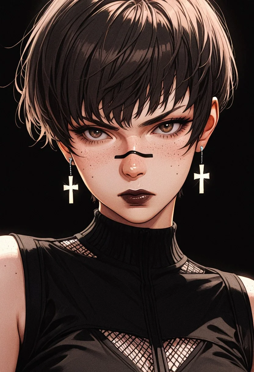 amazing quality, newest, absurdres, realistic, white background, (monochrome:0.8), hatching \(texture\), vivid colors,
1girl, solo, woman, serious, brown hair, short hair, pixie cut, freckles, brown eyes, dark lipstick, dark eye-shadow, (((black line across bridge of nose and cheeks)))
perfect skin, spotless skin,
silver cross earrings, (black mesh crop top),
(((black background))), neon glow
face focus