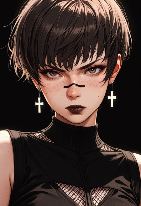 amazing quality, newest, absurdres, realistic, white background, (monochrome:0.8), hatching \(texture\), vivid colors,
1girl, solo, woman, serious, brown hair, short hair, pixie cut, freckles, brown eyes, dark lipstick, dark eye-shadow, (((black line across bridge of nose and cheeks)))
perfect skin, spotless skin,
silver cross earrings, (black mesh crop top),
(((black background))), neon glow
face focus
