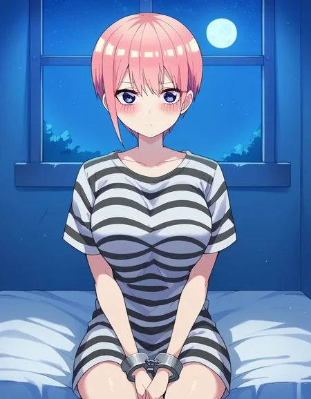 score_9, score_8_up, score_7_up, source_anime, <lora:ichika-nakano-s2-ponyxl-lora-nochekaiser:1>, ichika nakano, short hair, bangs, blue eyes, hair between eyes, pink hair, pixie cut, large breasts, <lora:prison-clothes-ponyxl-lora-nochekaiser:1> prison clothes, prisoner, prison cell, prison, striped shirt, shackles, handcuffs, chain,, sitting, on bed, looking at viewer, blush, night, moon, moonlight, night sky, window, three quarter view, cowboy shot,