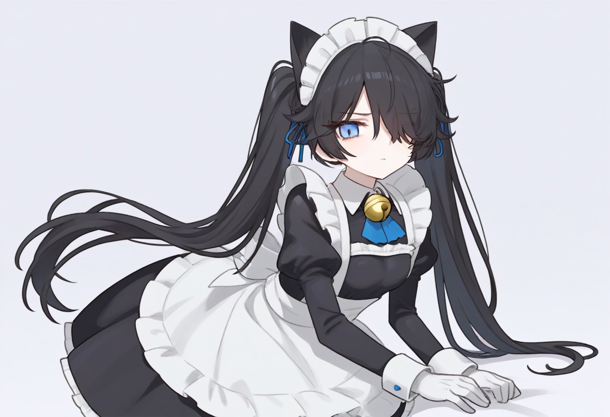 (Maid-kasli), solo, white gloves, dress, hair over one eye, maid apron, blue eyes, twintails, cat ears, maid headdress, maid, gloves, 1girl, apron, juliet sleeves, long sleeves, long hair, black hair, animal ears, bell,(Fall down),