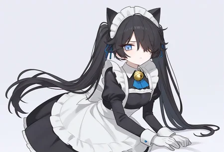 (Maid-kasli), solo, white gloves, dress, hair over one eye, maid apron, blue eyes, twintails, cat ears, maid headdress, maid, gloves, 1girl, apron, juliet sleeves, long sleeves, long hair, black hair, animal ears, bell,(Fall down),