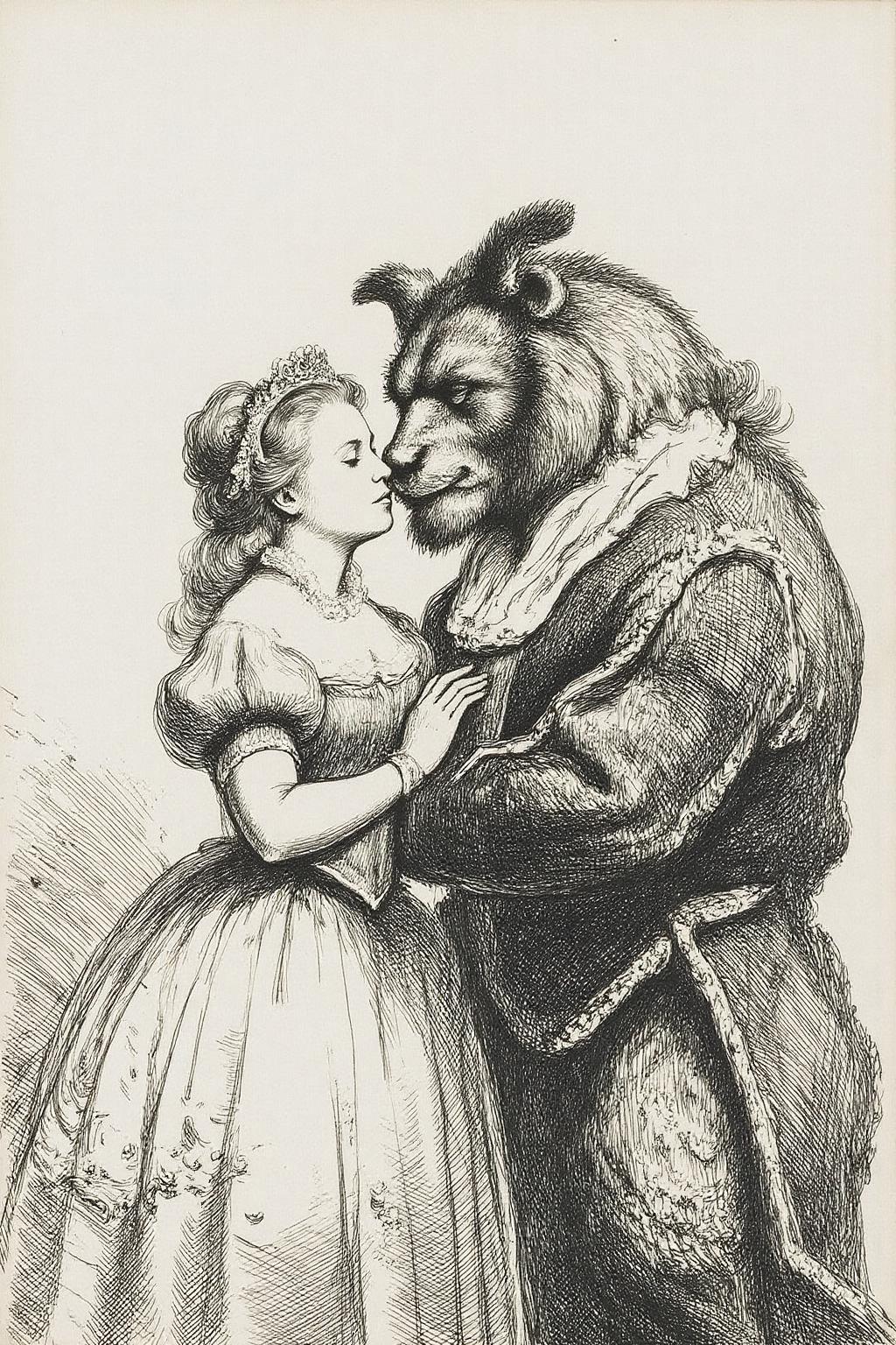 embr1 etching Beauty and the Beast kissing <lora:rembr_etch4_cap_d6a3e11:1.0><lora:810560083948800026:0>