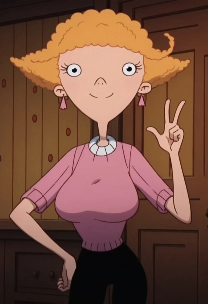 ((room background)),score_9, score_8_up, score_7_up,score_6_up,
1girl, Solo, SuzieK_HA, light skin, black eyes, blonde hair, medium fluffy hair, pink triangular earrings, pink short sleeve sweater, white collar, black tight pants, red flat shoes, cute, tall, social smile, perfect eyes, perfect smile, looking at the viewer, detailed eyes, perfect eyes, standing, big breasts (front pose, bust shot) five fingers, perfect hands, (hand on hips, hand up)