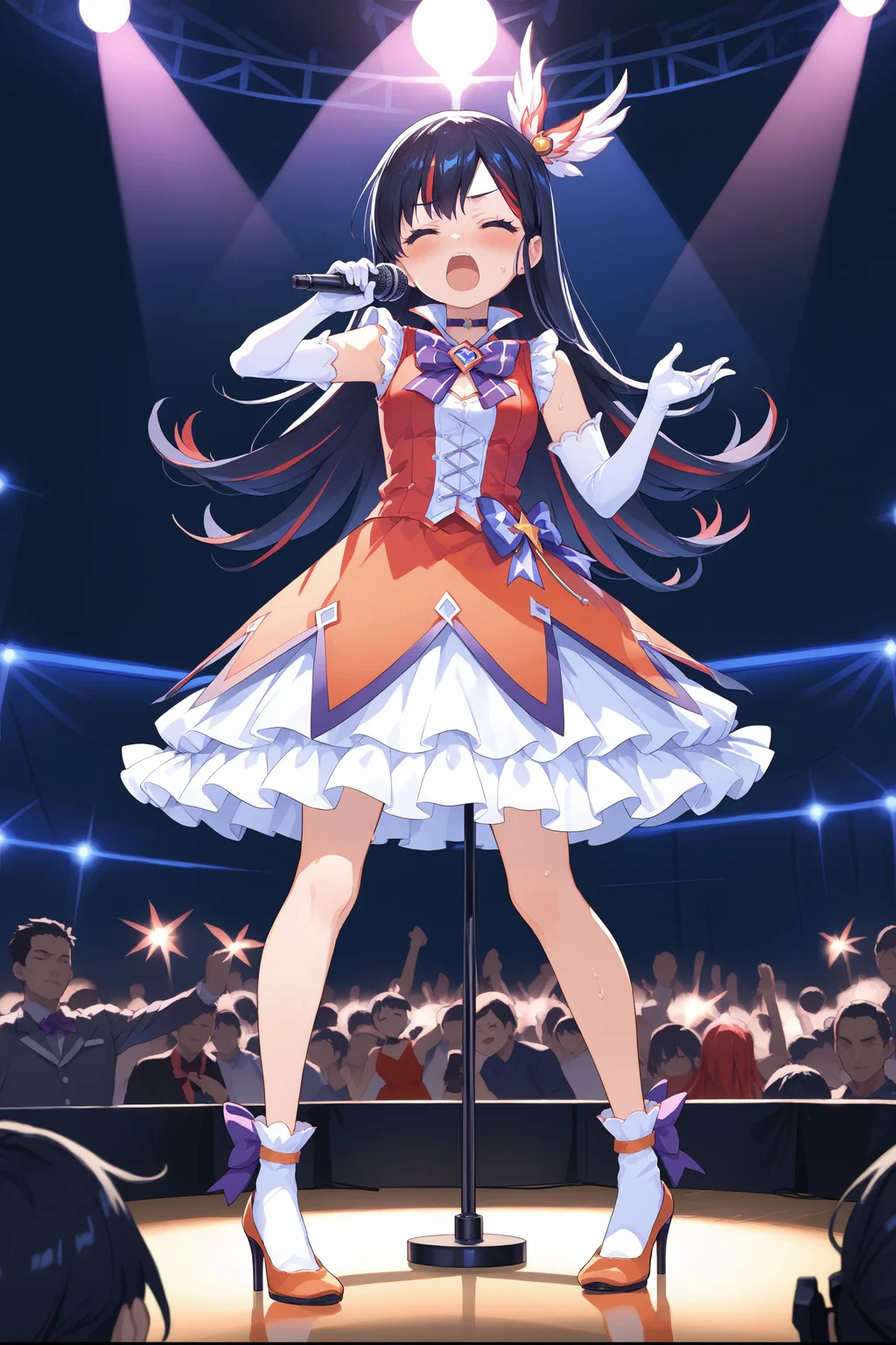 score_max, (score_9, score_8_up, score_7_up:1.2), score_6_up, official art, source_anime,
masterpiece, absurdres, high detail,
stage, audience, light beam, colorful light, microphone stand,
standing, legs apart, holding microphone, shouting, closed eyes, blush, sweat,
ira, streaked hair, black hair, red hair, magica2019, wing hair ornament, choker, red dress, bowtie, brooch, purple bow, sleeveless, frills, white gloves, elbow gloves, orange footwear, heels
<lora:XL_Pony_MGCM-ira(mei)-t1:1>