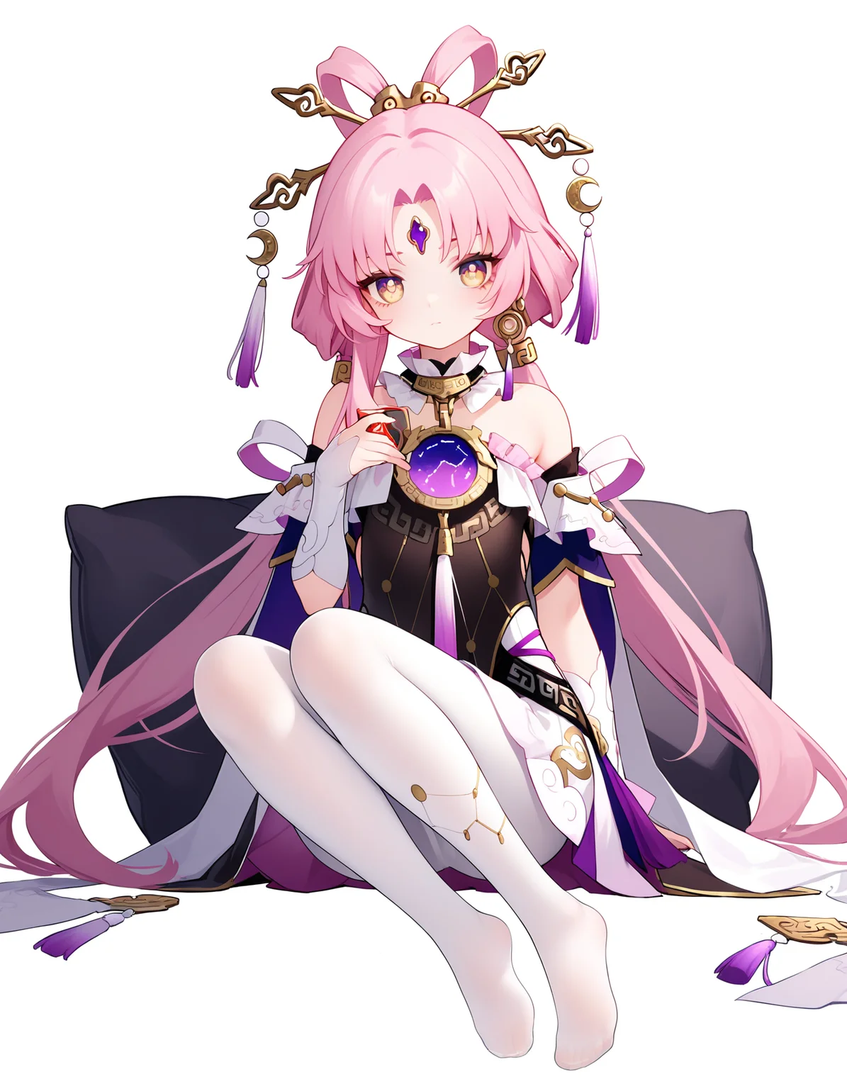 masterpiece,best quality,<lora:sz:0.8>,1girl, solo, pink hair, no shoes, white pantyhose, long hair, looking at viewer, pantyhose, white background, yellow eyes, feet, pillow, simple background, forehead jewel, bangs, hair ornament, sitting, holding, dress, very long hair, full body, jewelry, hair rings,fu xuan \(honkai: star rail\),