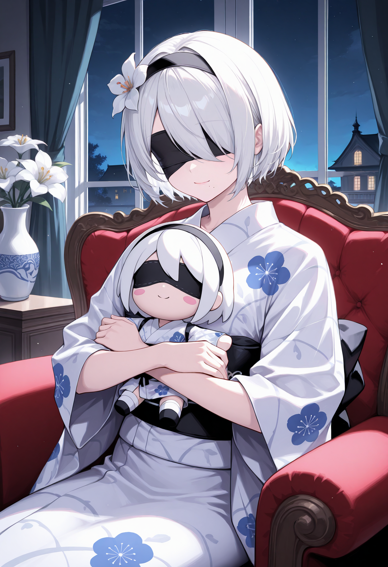masterpiece, best quality, 1girl, solo, tw0B, mole under mouth, short hair, hair over one eye, white hair, yukata, kimono, print kimono, japanese clothes, hair flower, indoors, armchair, mansion, vase, hugging doll, character doll, looking down, black blindfold, black hairband, obi, window, curtains, night, night sky, light smile, closed mouth