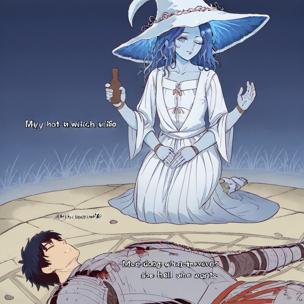 masterpiece, best quality, newest, absurdres, highres, anime, anime style, MHWW-V1.0, my hot witch wife (meme), text (my hot witch wife), english text, 1girl, ranni the witch \(elden_ring\), blue hair, blue eyes, doll joints, joints, one eye closed, white dress, extra arms, 4arms, BREAK 1boy, armor, knight, text, text (Me doing whatever the hell she wants)