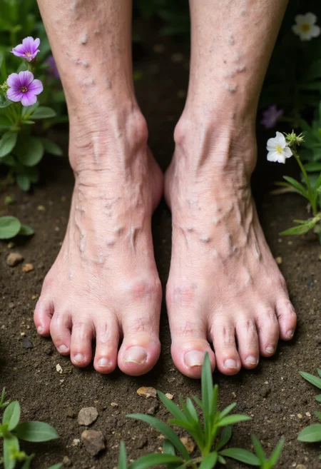 age spots, textured surface. The subject's feet are wrinkled and aged, which are positioned symmetrically and centrally in the frame. The person's feet are wrinkled, This photograph captures a close-up, feet standing in earth of a garden, grass, wildflowers, outdoors, dirty feet. The person's skin is a pale tone, likely belonging to an older woman
